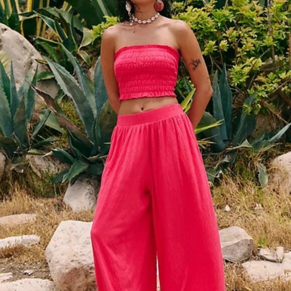 Free People Solange Set Ruffle Pull-On Wide-Leg Smocked Top & Pants XL - Picture 3 of 7